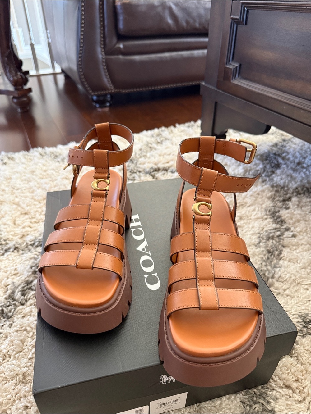 Coach Cognac Leather Platform Sandals with Gold C Buckle
